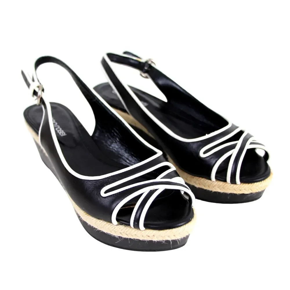 Sergio Rossi BLACK WHITE GENUINE LEATHER OPEN TOE PLATFORM SLINGBACKS SHOES 37